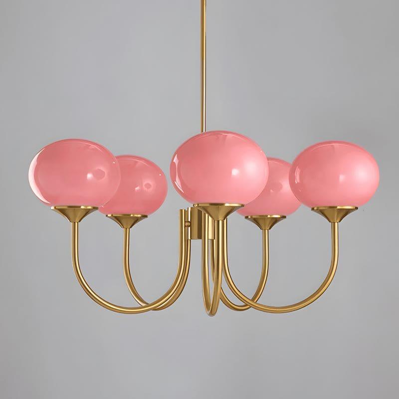 Close product view of the five-light copper and pink glass Marshmallow chandelier.