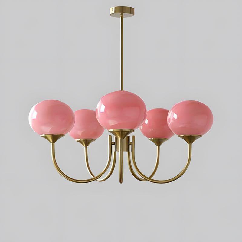 Five-light Marshmallow chandelier with a copper frame and pink glass globes.
