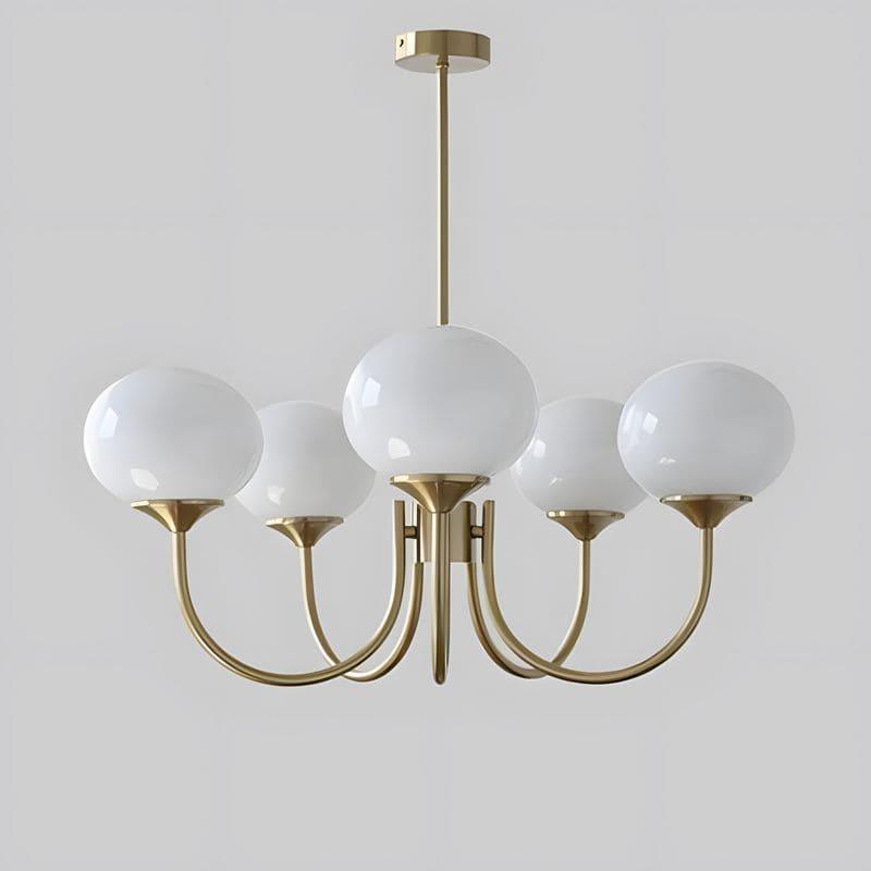 Five-light Marshmallow chandelier with a copper frame and white glass globes.
