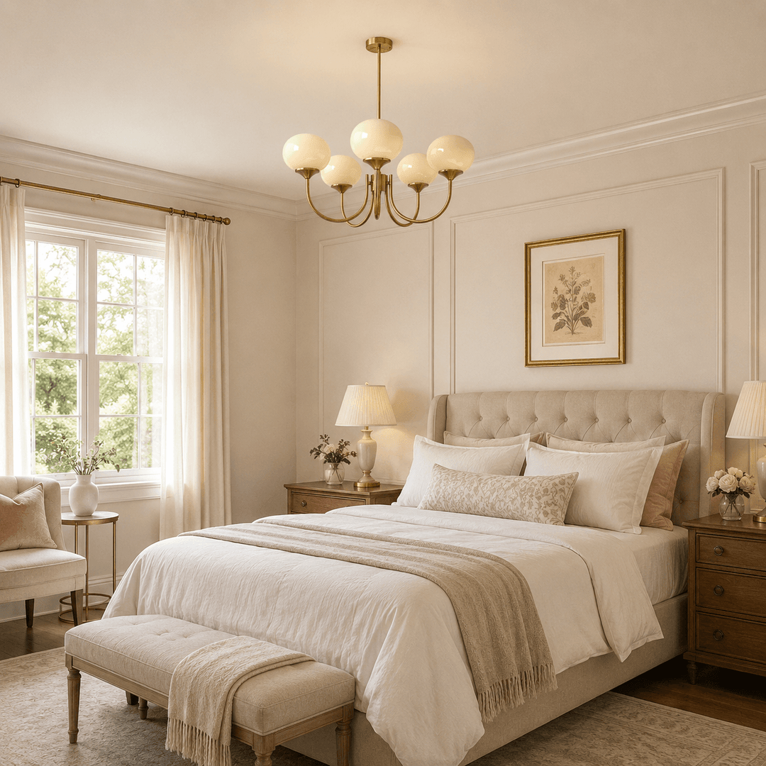 Five-light cream glass chandelier with a copper finish in an elegant neutral bedroom.
