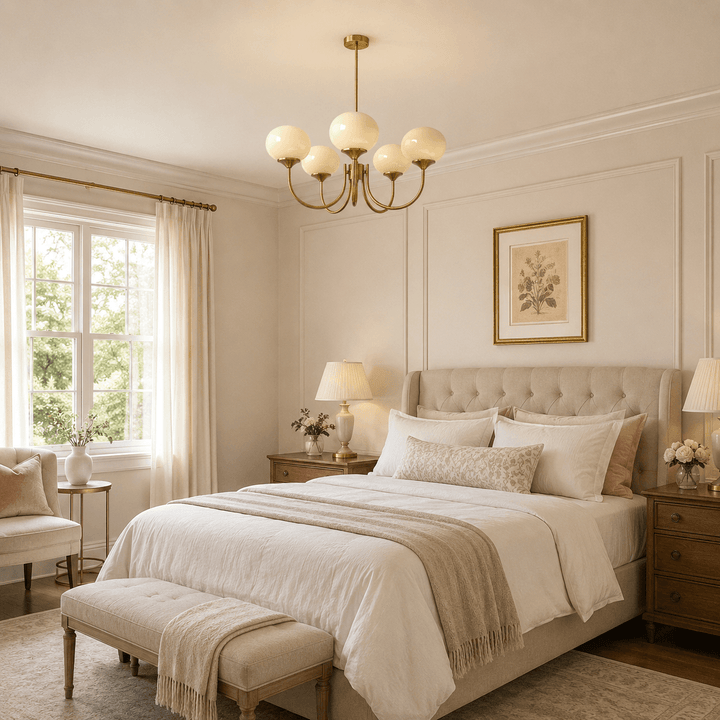 Five-light cream glass chandelier with a copper finish in an elegant neutral bedroom.
