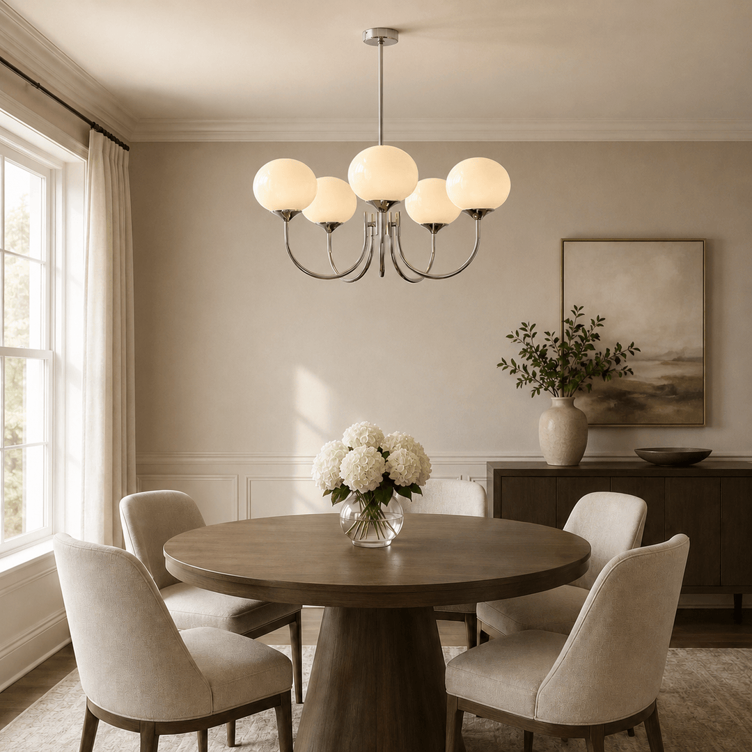 Five-light cream glass chandelier with a chrome finish above a round dining table.
