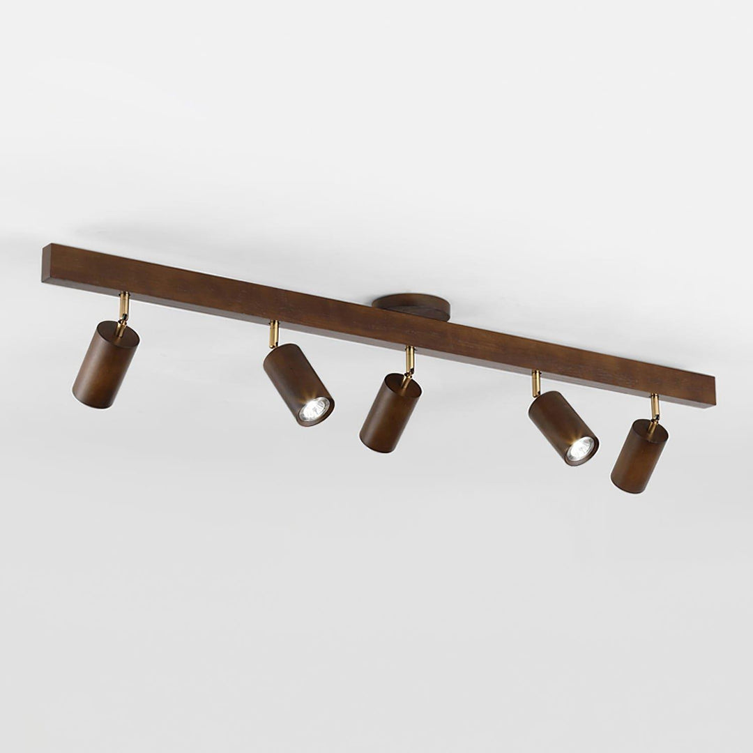 Five-head Merlo walnut wood track lighting with individually adjustable cylindrical spotlights
