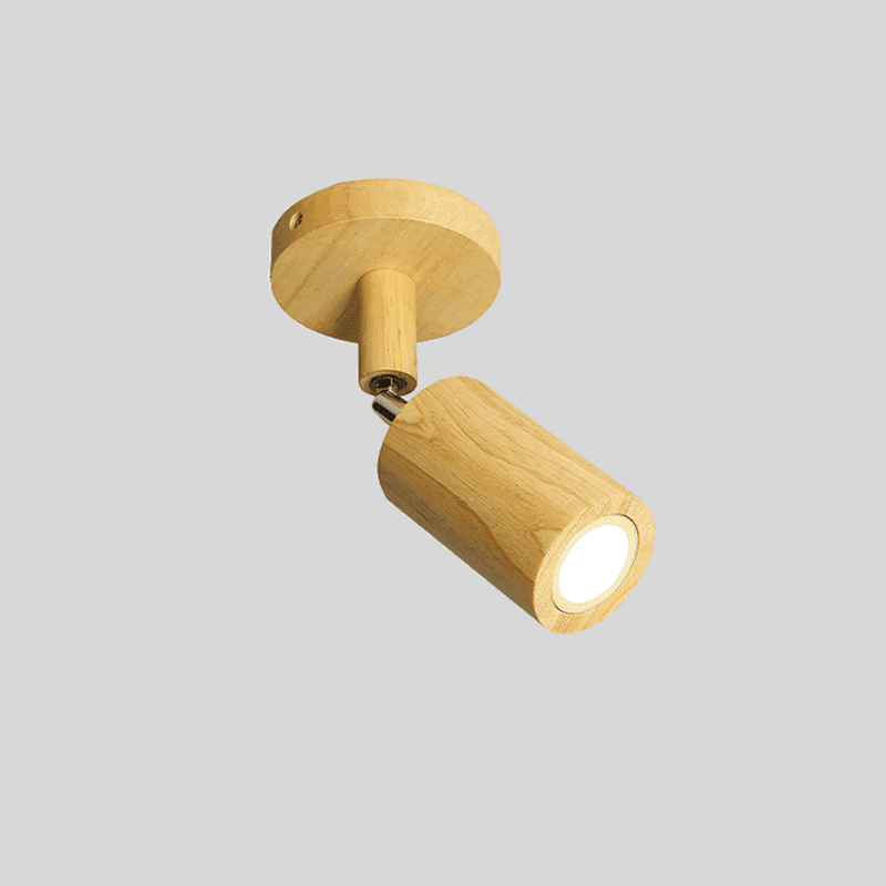 Single-head Merlo natural wood spotlight shown from multiple angles with an adjustable ceiling mount