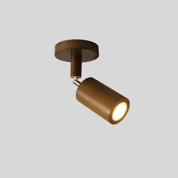 Single-head Merlo walnut wood spotlight with an adjustable cylindrical head and round ceiling canopy