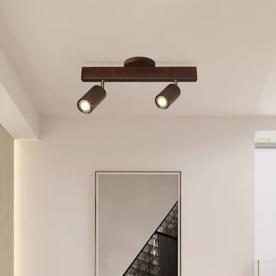 Close view of two-head Merlo walnut track lighting with adjustable cylindrical spotlights above abstract artwork