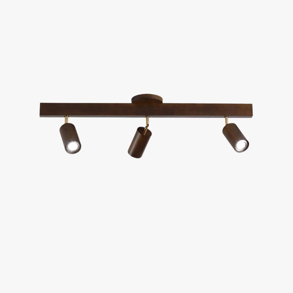 Merlo Wood Track Lighting in walnut color with three adjustable spotlight heads against a clean white background