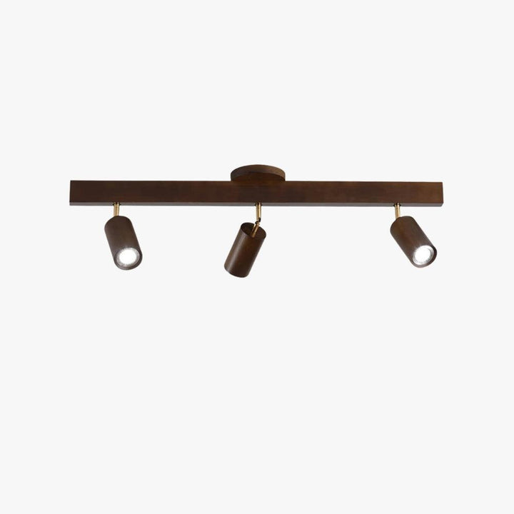 Merlo Wood Track Lighting in walnut color with three adjustable spotlight heads against a clean white background