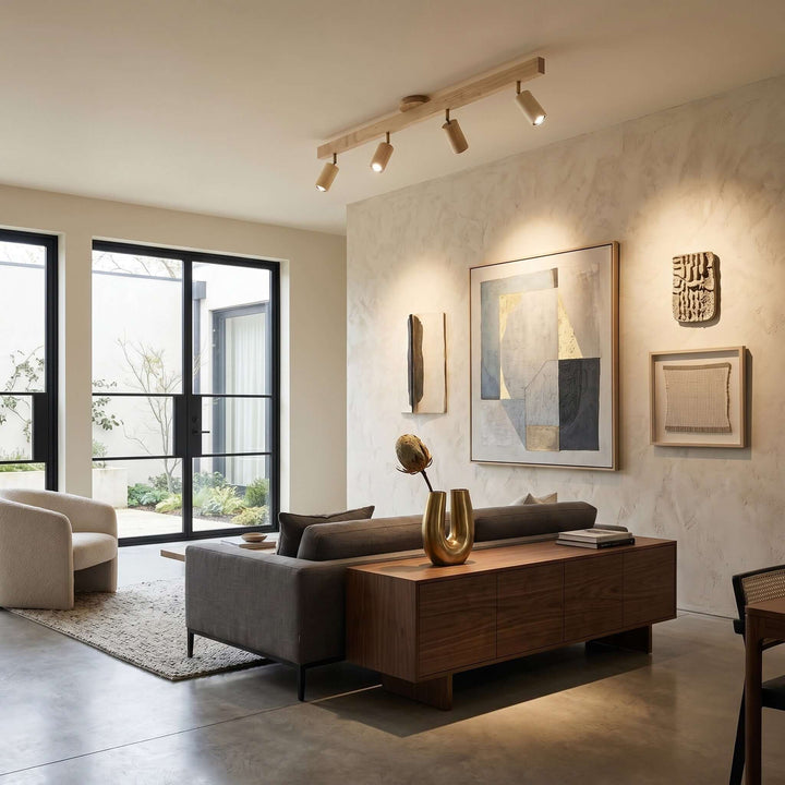 Angled view of four-head Merlo wood track lighting highlighting artwork in a bright modern living room