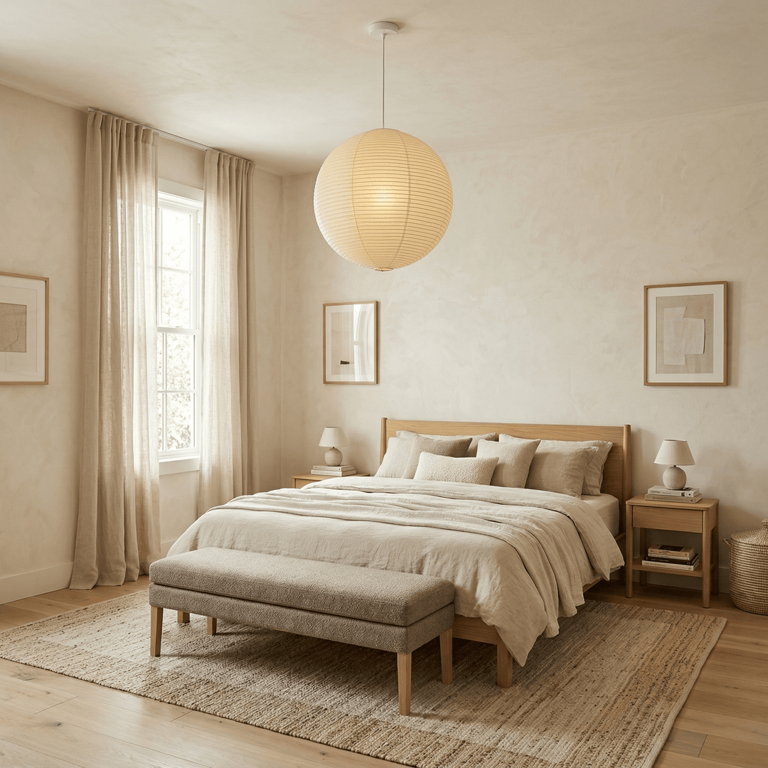 Washi paper globe pendant light above a neutral minimalist bedroom