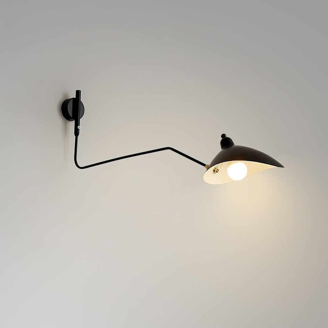 Modern black adjustable wall light with one cone shade and warm exposed bulb
