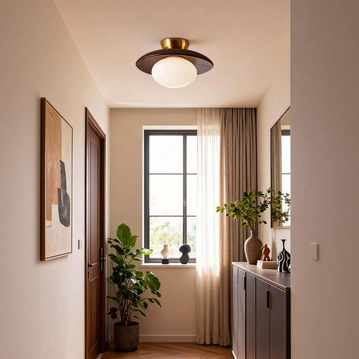 Modern brown wood ceiling light in a bright entryway with a console cabinet