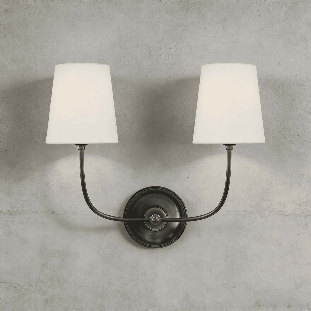 Front view of the black two-light Multi Wall Sconce with curved metal arms