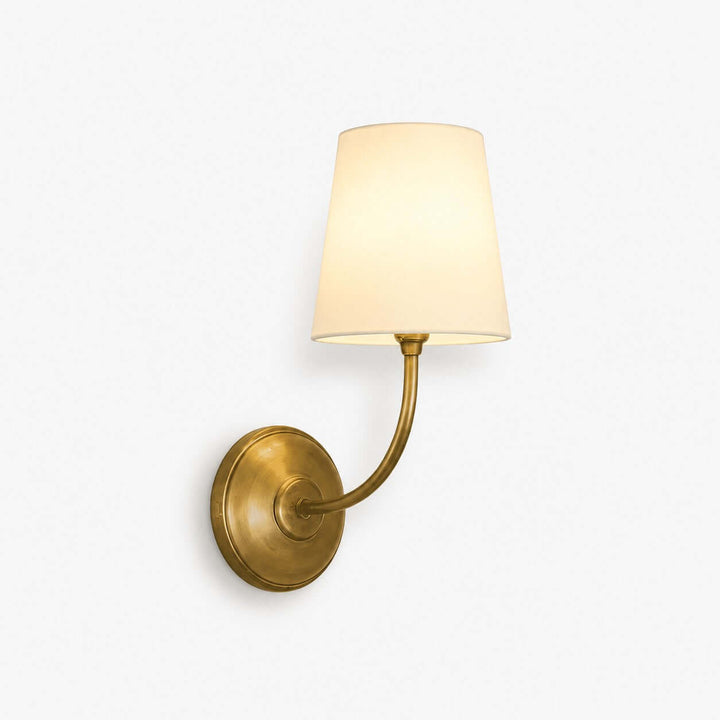 Brass Multi Wall Sconce with a curved arm and white fabric shade