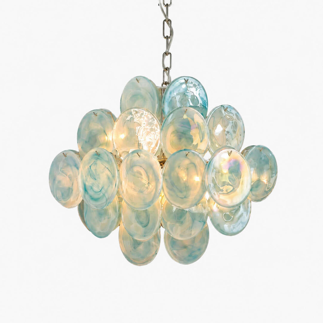 Murano Disk Chandelier 20-inch with layered green iridescent glass discs and a polished nickel chain