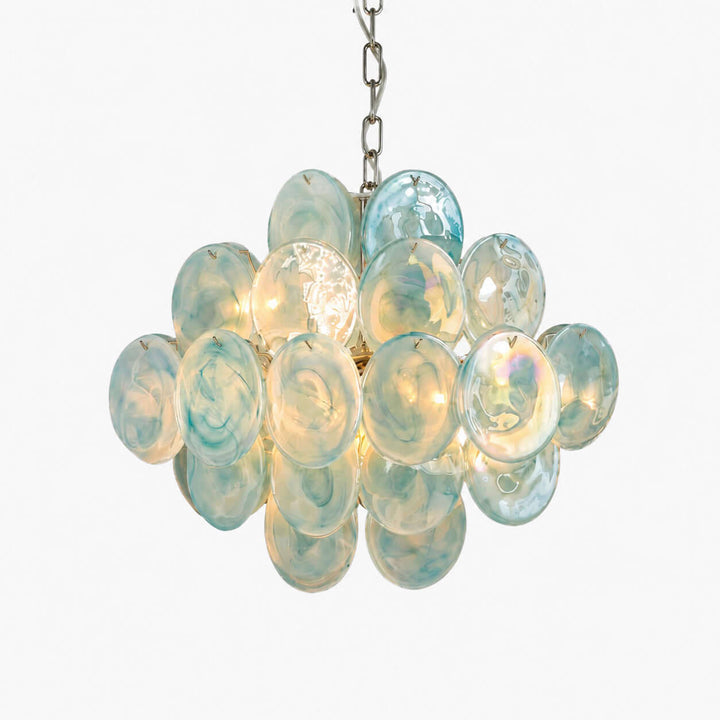 Murano Disk Chandelier 20-inch with layered green iridescent glass discs and a polished nickel chain