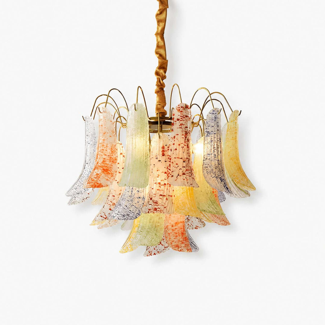 Colorful Murano glass chandelier with layered curved glass panels and a brass frame