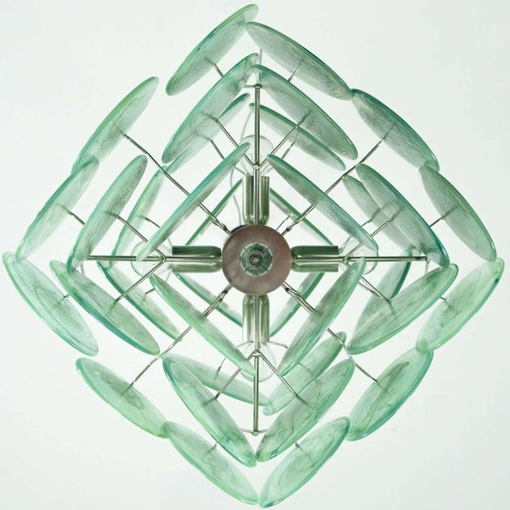 Bottom view of the green Murano Disk Chandelier showing its polished metal frame and glass arrangement