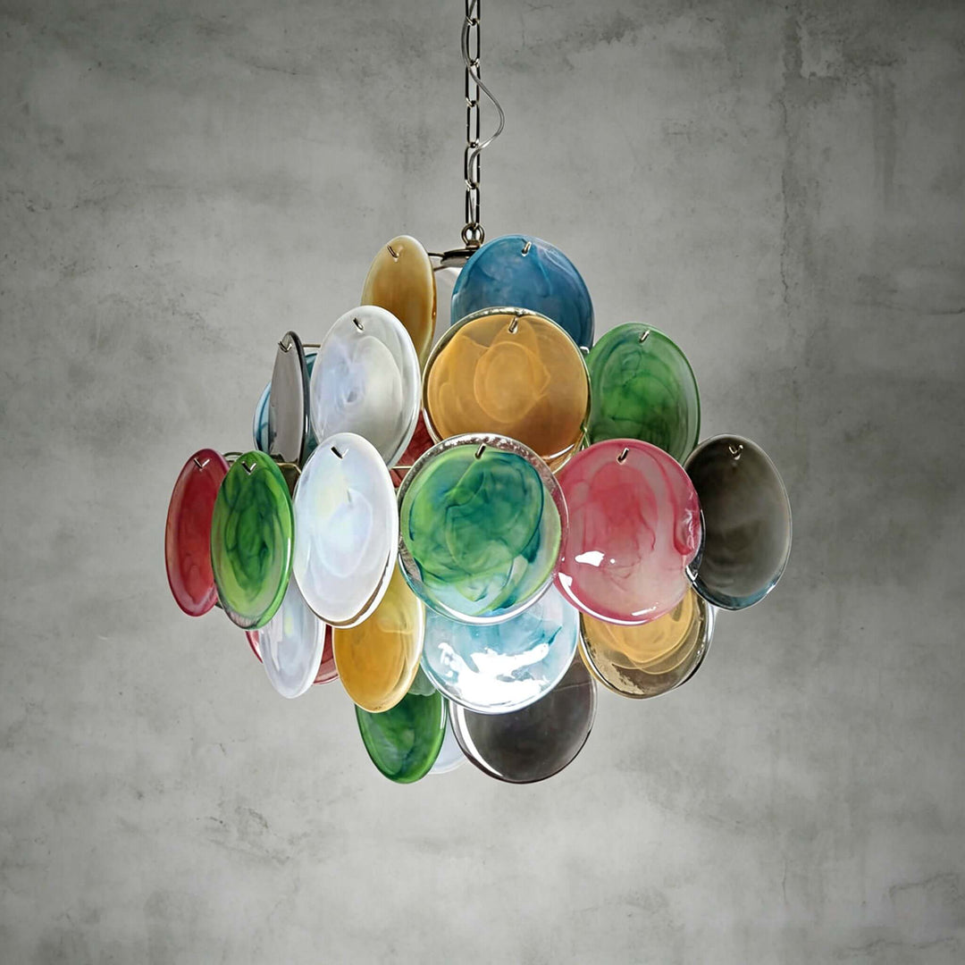 Multicolor Murano glass chandelier with pink, blue, green, amber, white, and smoke glass discs