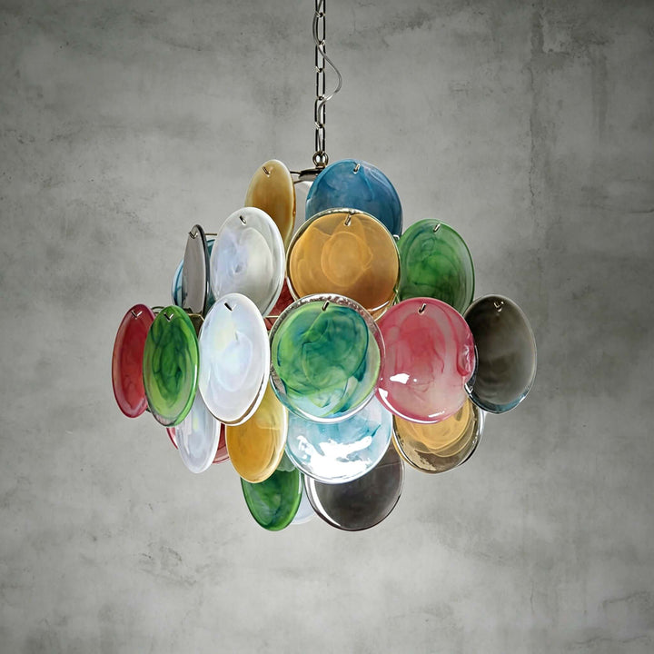 Multicolor Murano glass chandelier with pink, blue, green, amber, white, and smoke glass discs