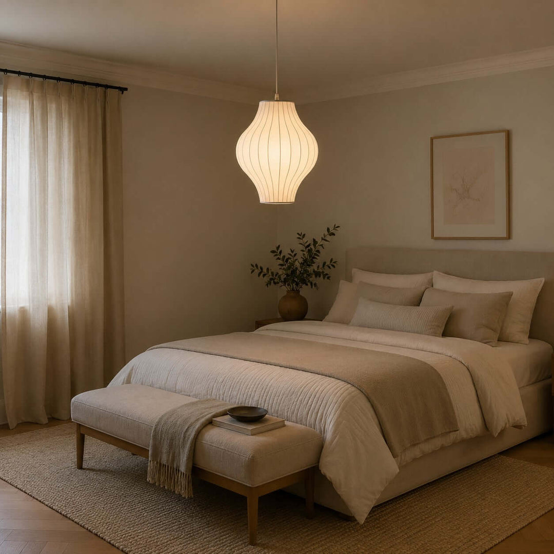 Hourglass-shaped Nelson Bubble pendant light hanging above a softly furnished beige bedroom