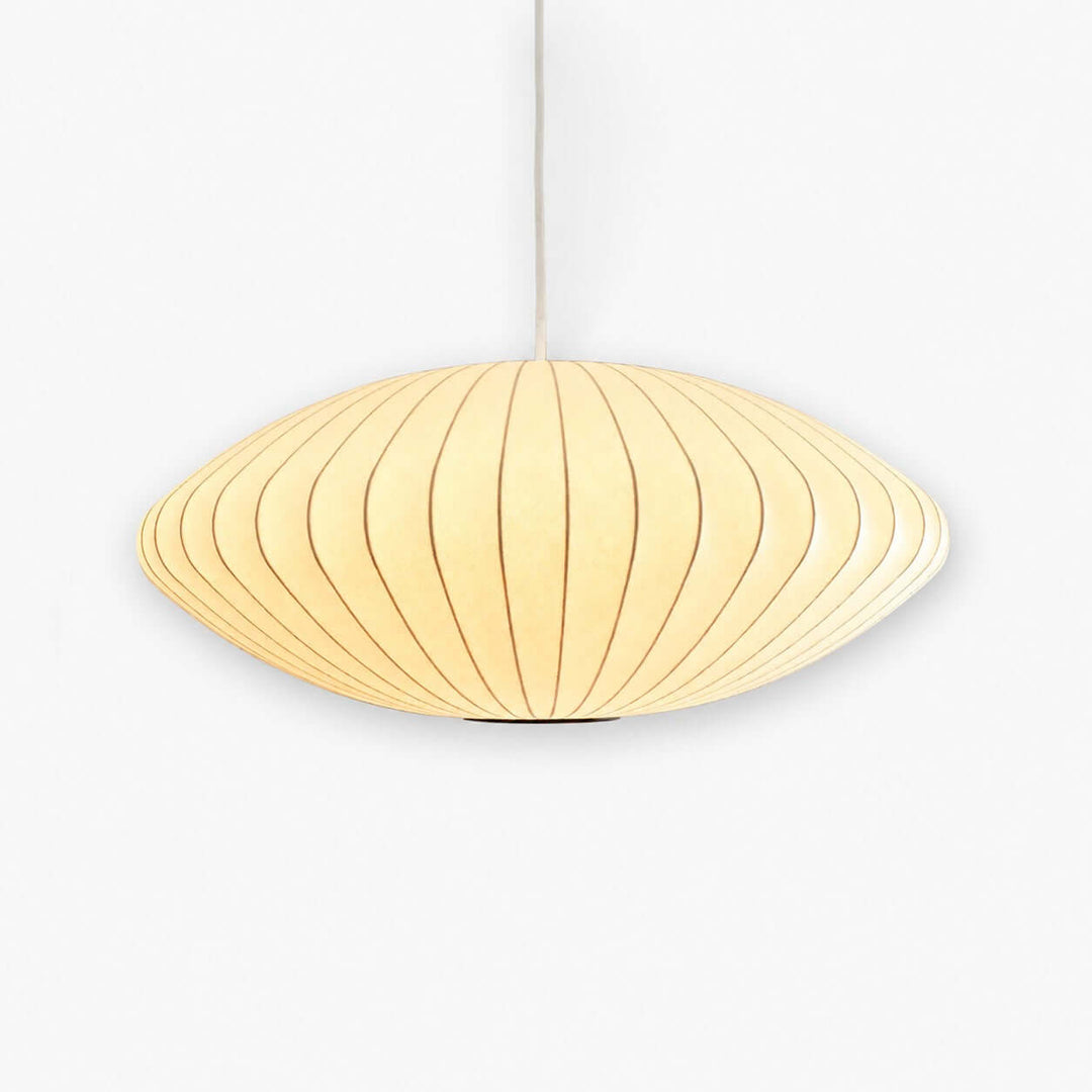 Nelson Bubble Pendant Lamp with a glowing white saucer-shaped artificial silk shade and vertical ribbed frame