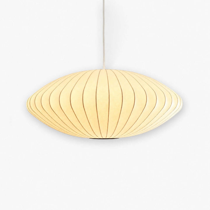 Nelson Bubble Pendant Lamp with a glowing white saucer-shaped artificial silk shade and vertical ribbed frame
