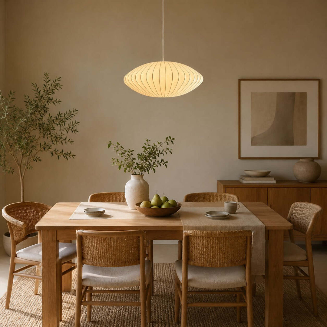 Saucer-shaped Nelson Bubble pendant light glowing above a wood dining table in a warm neutral dining room