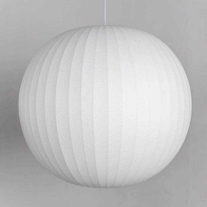 Unlit white globe Nelson Bubble pendant lamp showing the ribbed artificial silk shade texture