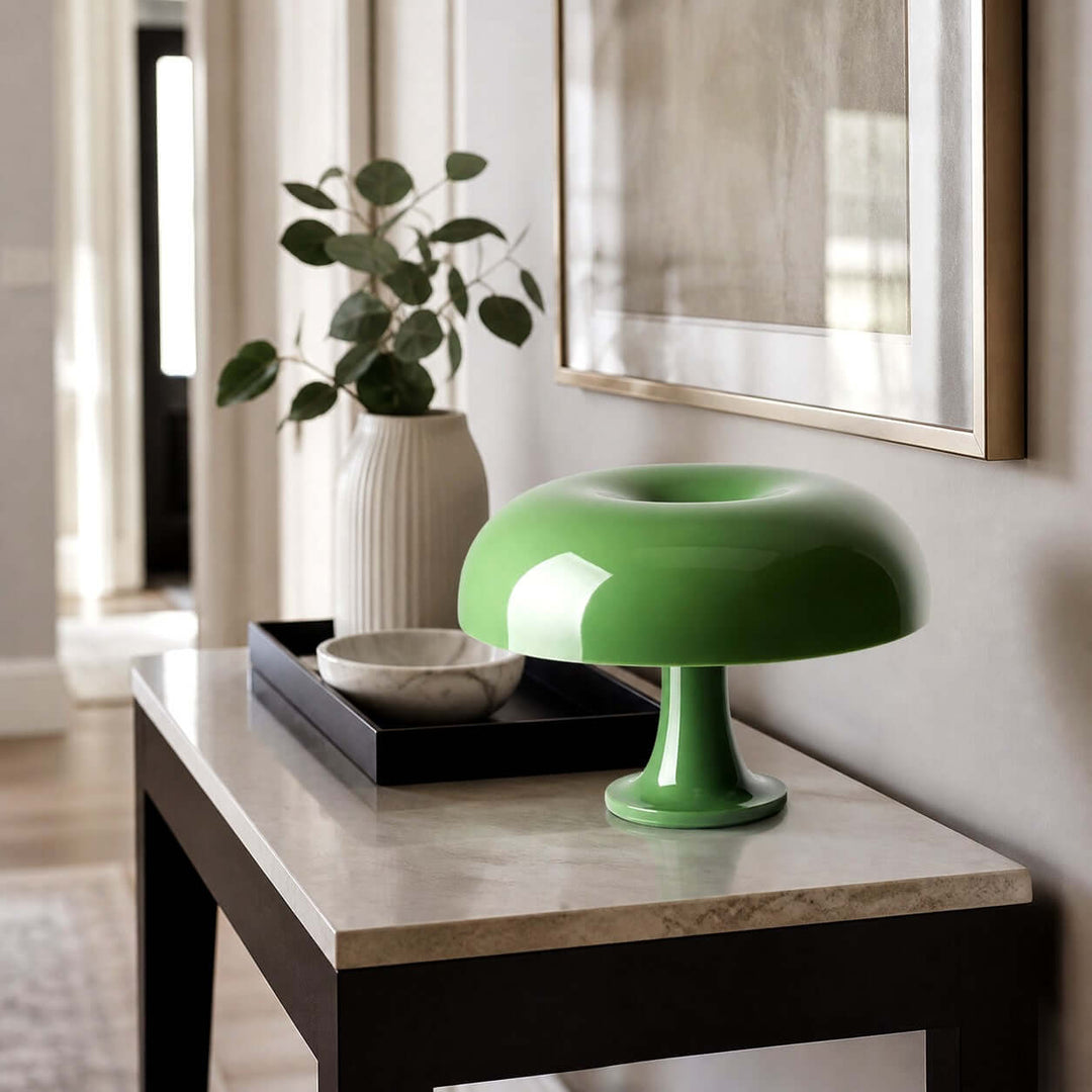 Green Nesso Table Lamp displayed on a marble-top entryway console