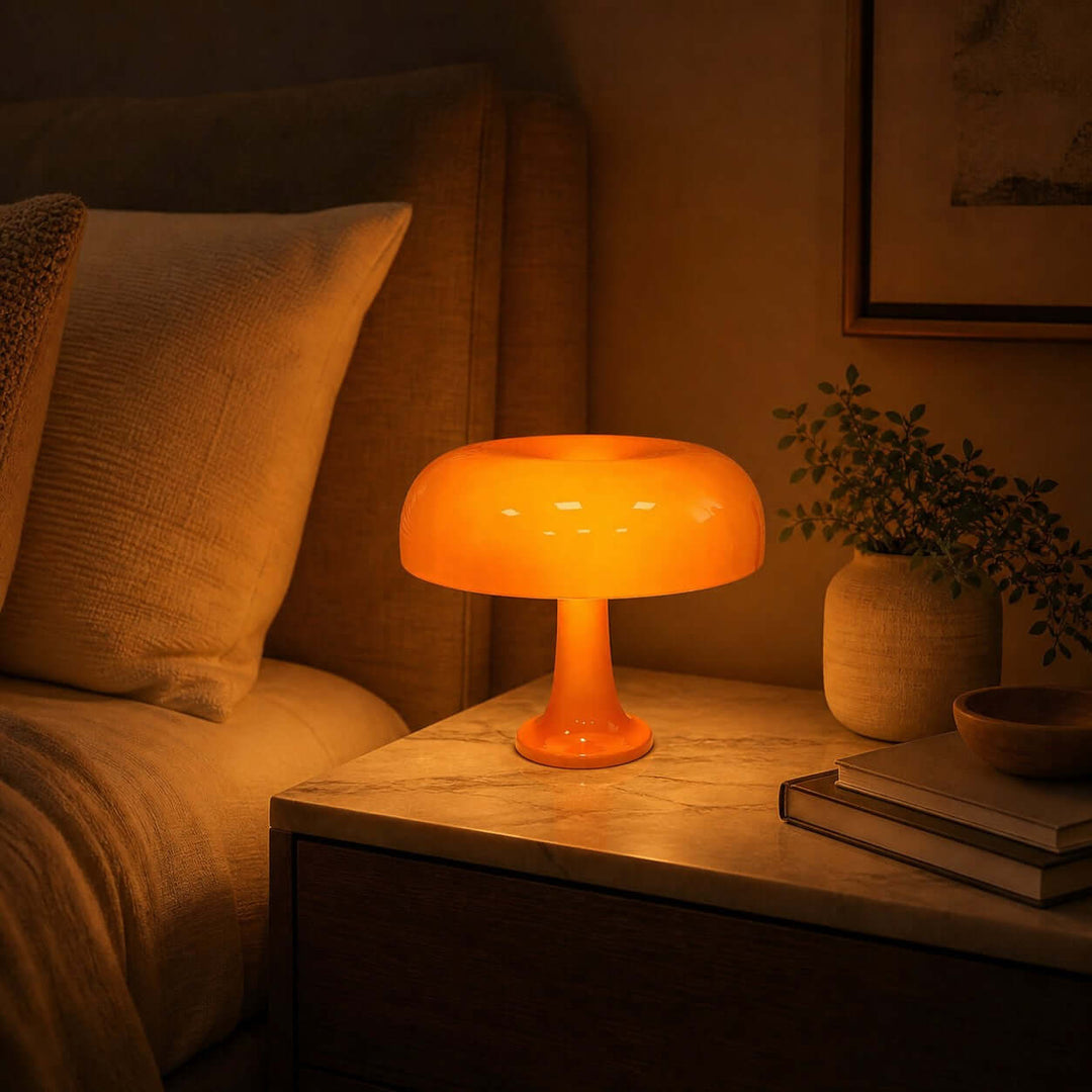 Glowing orange Nesso Table Lamp creating warm ambient light beside the bed