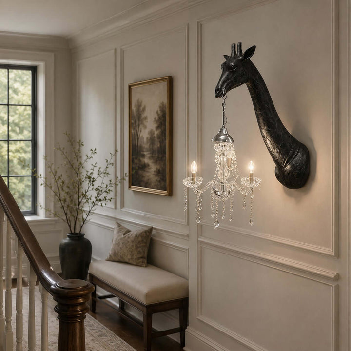 Black and silver Nuvexa Giraffe Wall Lamp installed beside a staircase and upholstered hallway bench