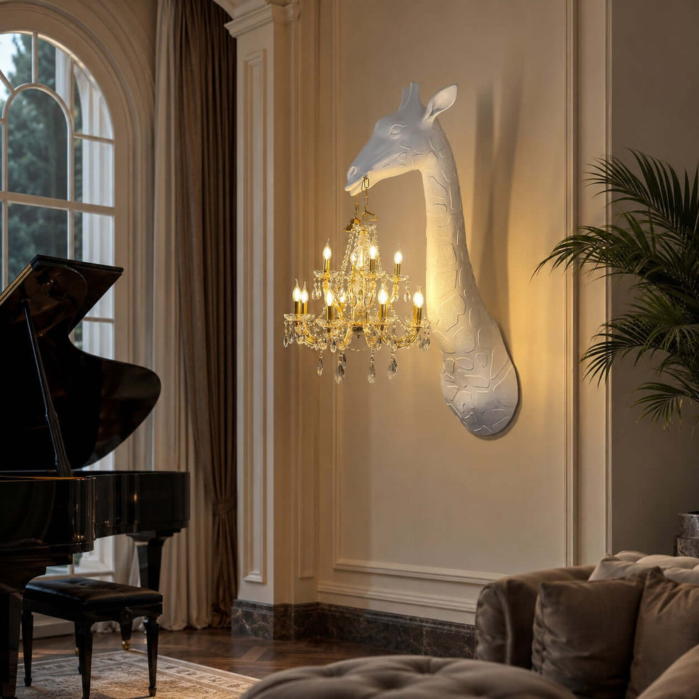 Nuvexa white giraffe wall lamp illuminating a classic living room beside a grand piano and neutral sofa