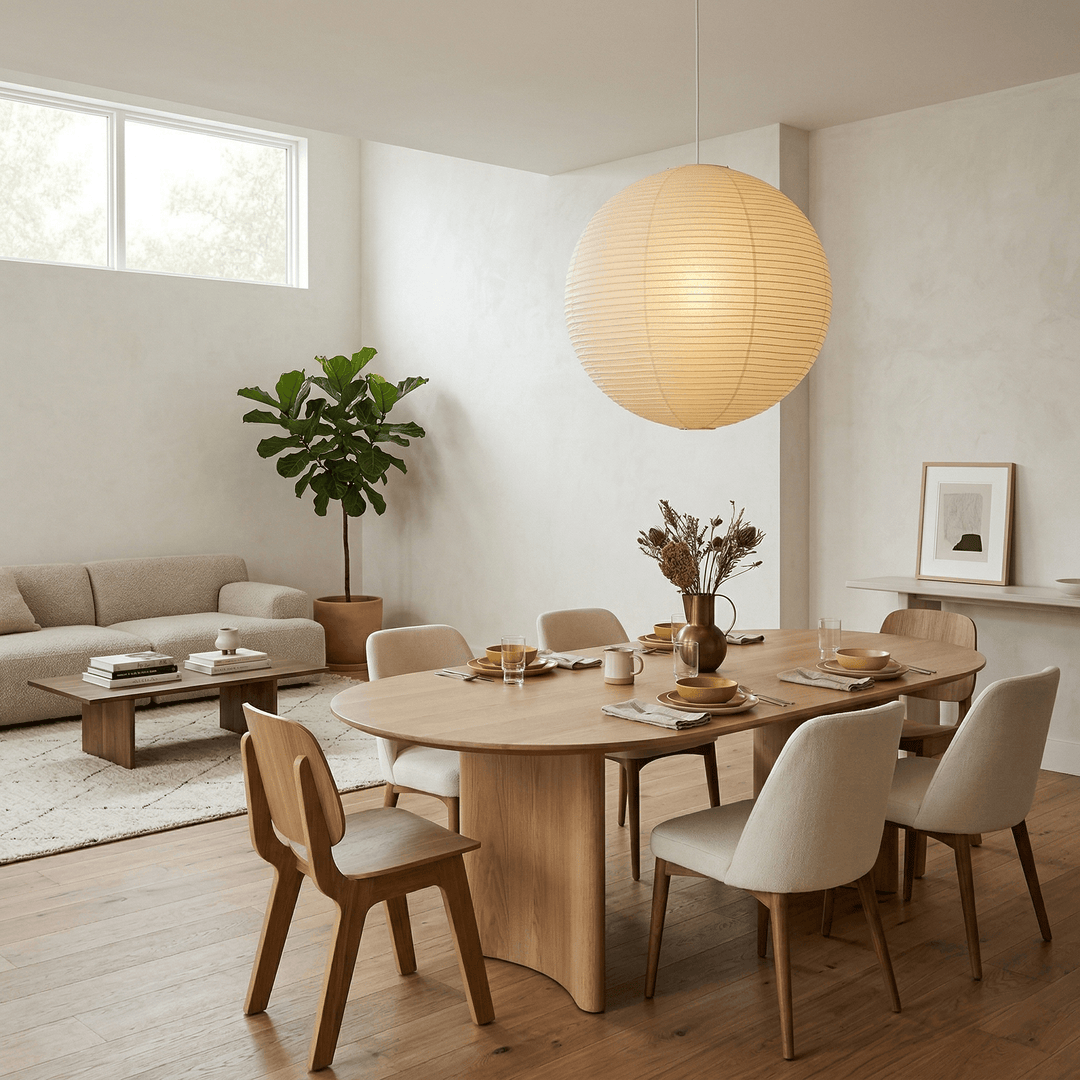 Paper globe pendant light over an open plan dining area