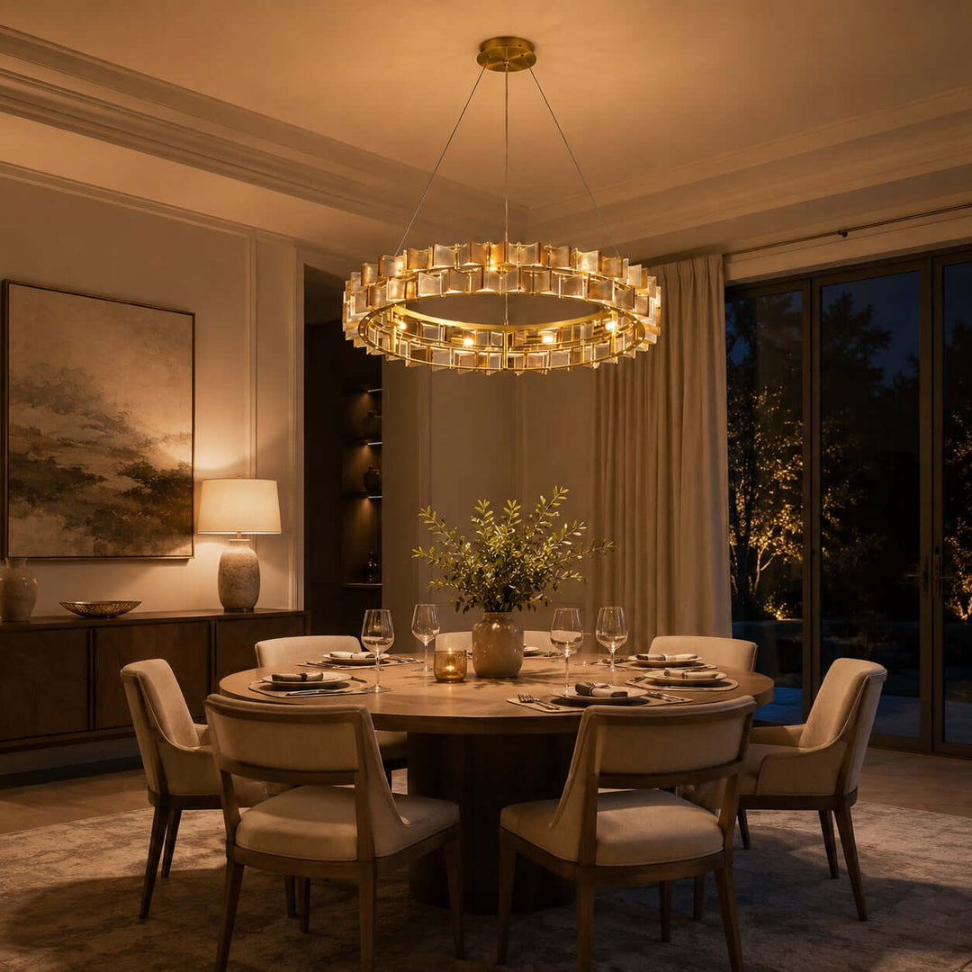Amber glass Orvex dining room chandelier above a fully set round table in a warm evening interior
