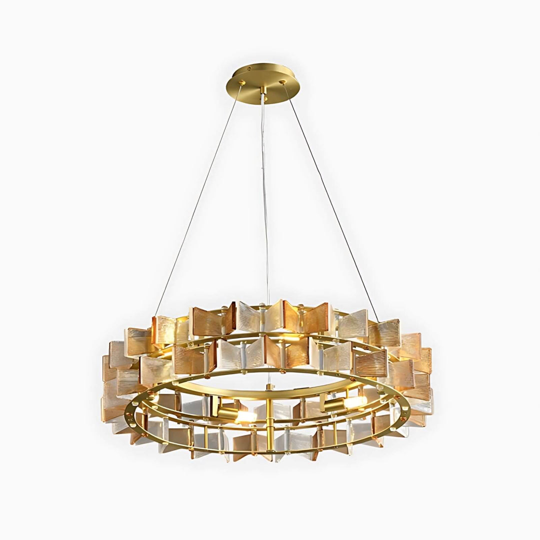 Amber Orvex round chandelier with a gold frame and textured glass panels on a white background