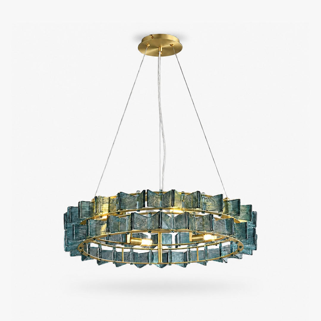 Orvex round chandelier with blue textured glass panels and a brushed gold frame on a white background