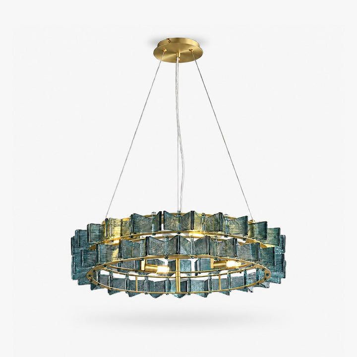 Orvex round chandelier with blue textured glass panels and a brushed gold frame on a white background