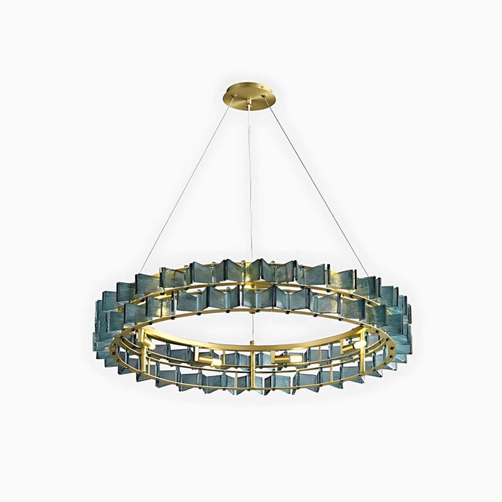 Two sizes of the blue Orvex round chandelier displayed side by side on a white background