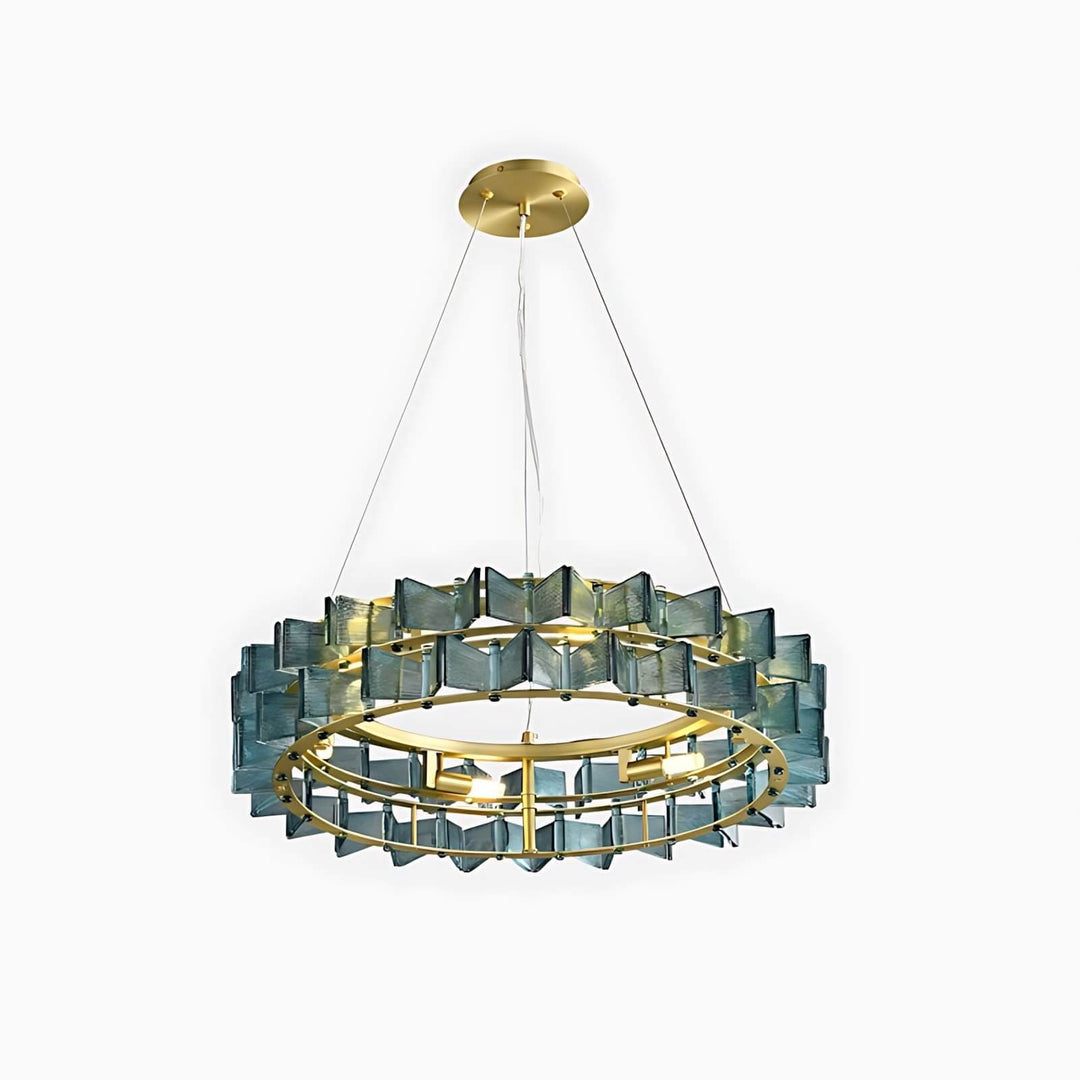 Blue Orvex round chandelier with layered textured glass panels on a white background