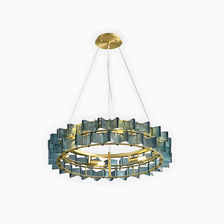 Blue Orvex round chandelier with layered textured glass panels on a white background