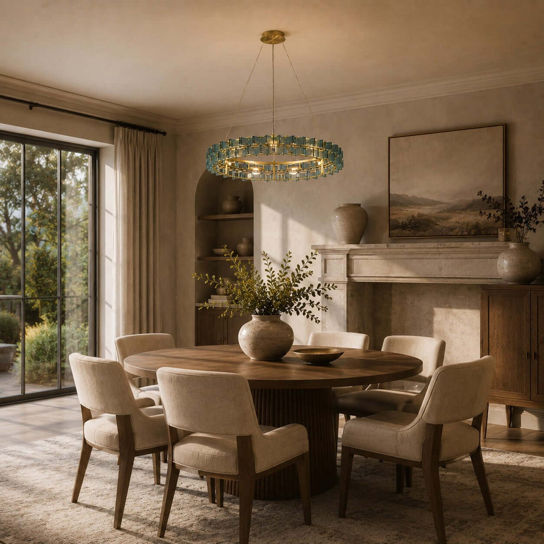 Blue Orvex round dining room chandelier above a wood table near a stone fireplace