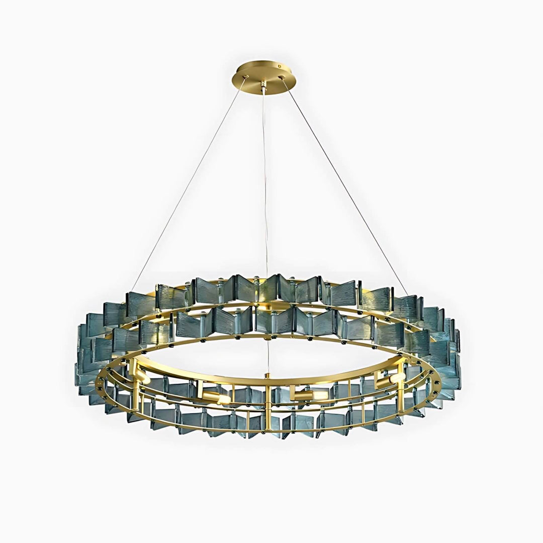Blue Orvex round chandelier with three tiers of textured glass and a suspended gold frame on white