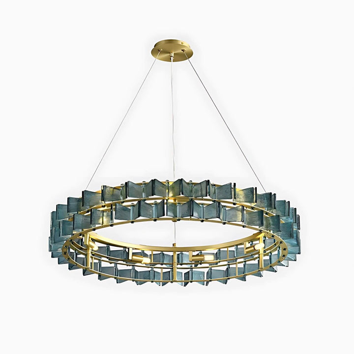 Blue Orvex round chandelier with three tiers of textured glass and a suspended gold frame on white