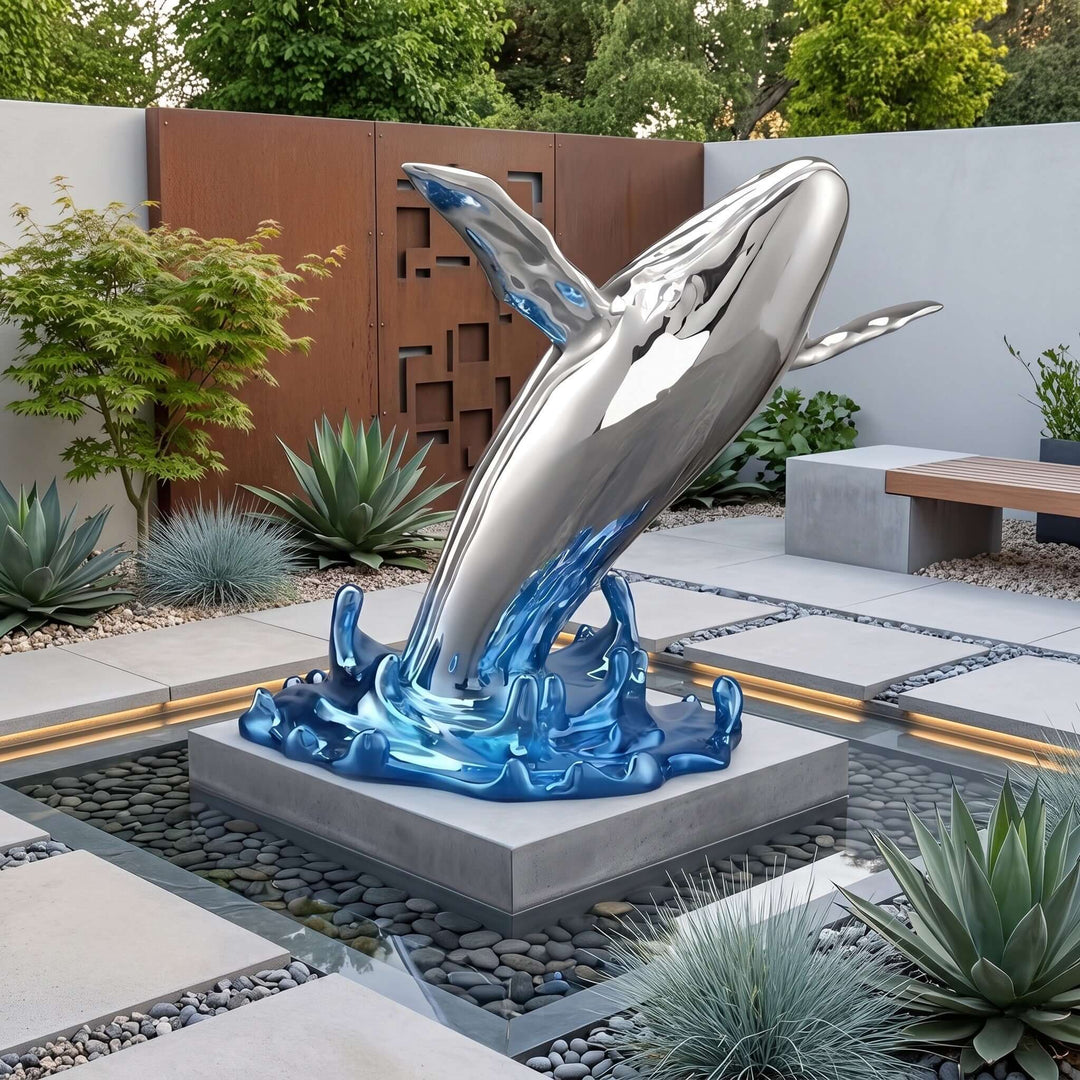 Outdoor silver whale sculpture centered on a raised water feature in a landscaped modern courtyard.