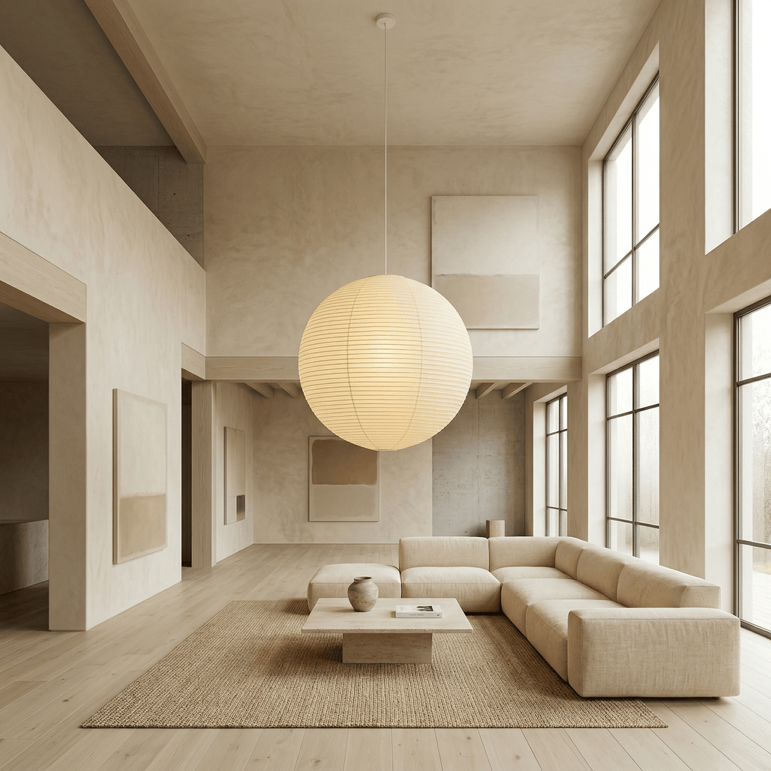 Oversized paper globe pendant light in a high ceiling living room