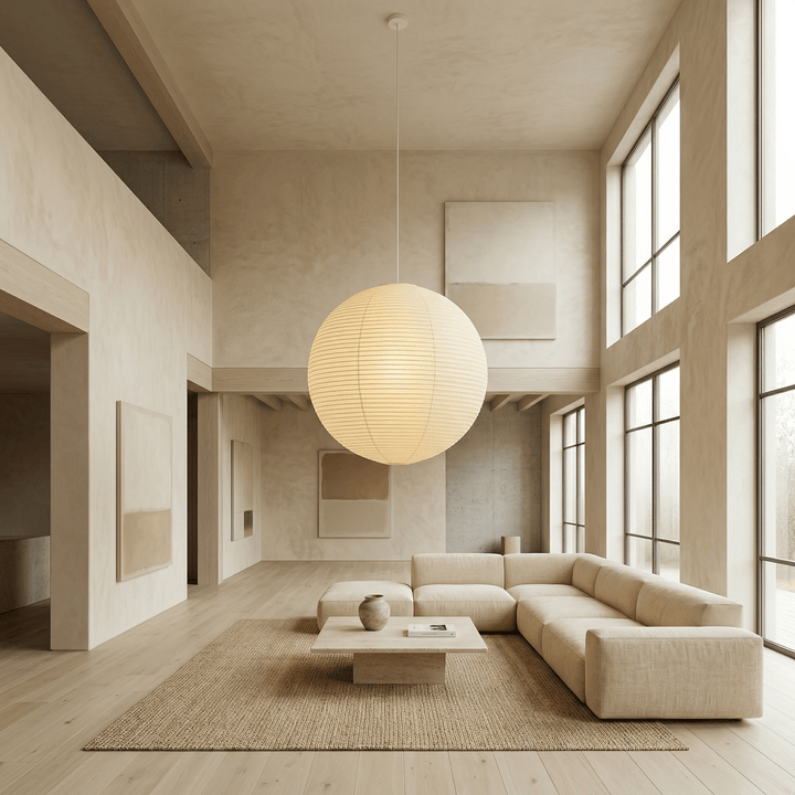 Oversized paper globe pendant light in a high ceiling living room
