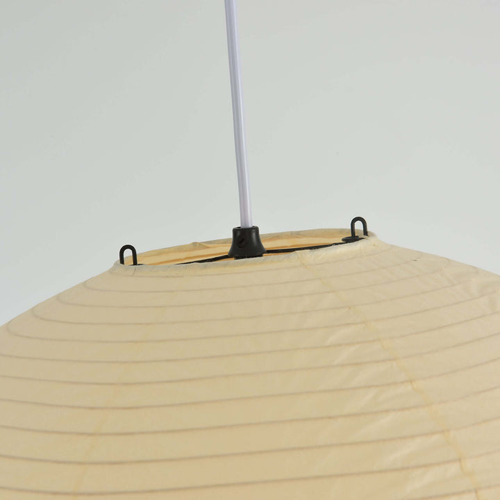 Top hardware detail of a washi paper globe pendant light