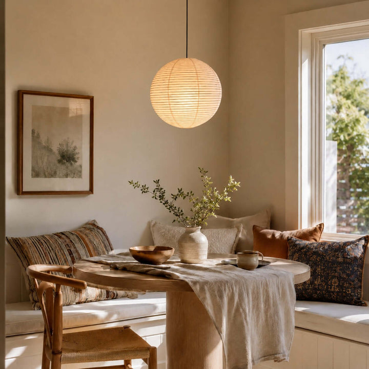 Round paper lantern pendant above a sunlit breakfast nook with built-in seating
