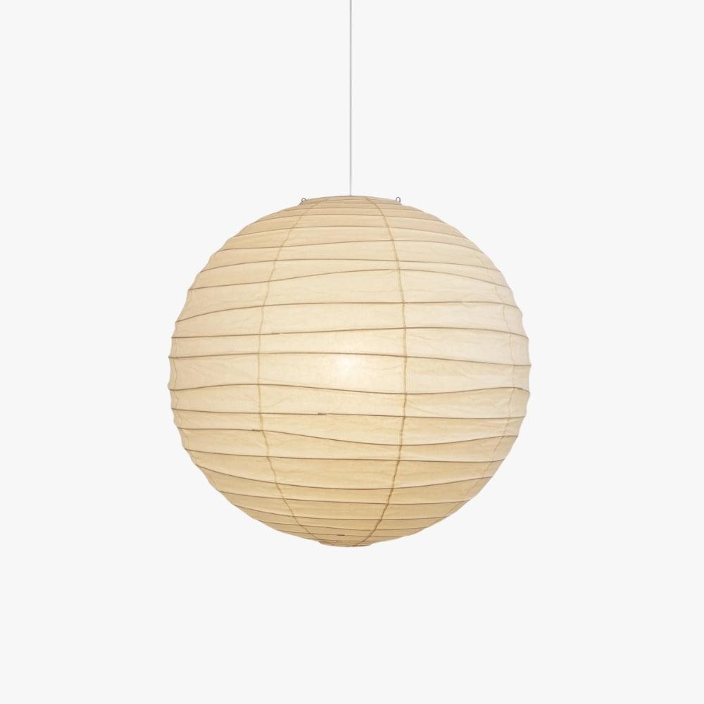 Round paper lantern pendant light with white cord, lit on a plain white background.